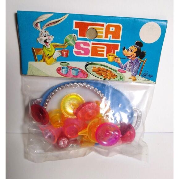 Bugs Bunny Mickey Mouse Sealed Plastic Toy Play Tea Set Hong Kong 1951 UNUSED - Picture 1 of 3